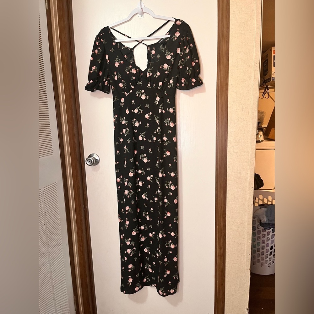 Streetwear Society Black Maxi Dress with Pink Rose Print and Crisscross Back